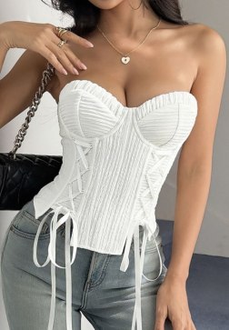 White Textured Strapless Corset Top with Side Lace-Up Details