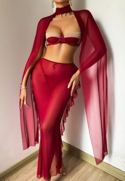 Red Sheer Mesh Lingerie Set with Ruffled Skirt & Scarf