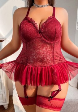 Deep Red Lace Ruffled Mesh Chemises with Garter Set