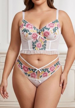 White Floral Embroidered Bustier and Panty Set