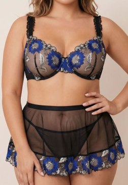 Blue Floral Embroidered Lingerie Set
