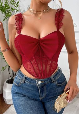 Red Lace Corset with Bow Detail and Ruffled Straps