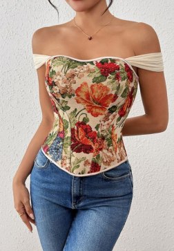 Vintage Floral Jacquard Corset with Wide Straps