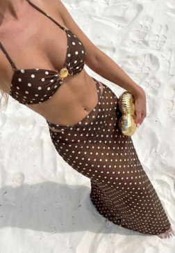 Brown Polka Dot Halter Bikini Set with Sheer Maxi Skirt Cover-Up