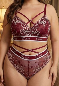Burgundy Floral Lace Bralette and High-Waist Panty Set