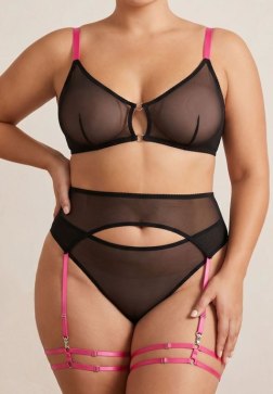 Bold Pink & Black Sheer Mesh Lingerie Set with Garter Straps