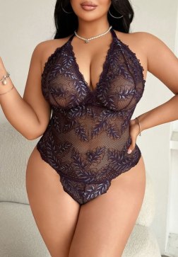 Deep V Halter Lace Bodysuit with Leaf Embroidery