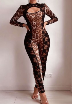 Seductive Leopard Print & Black Lace Cutout Bodysuit