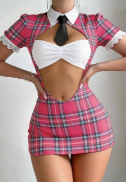 Sexy Pink Plaid Schoolgirl Mini Dress with Cutout & Tie