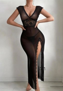 Black Sheer Mesh Gown with Lace Trim & High Slit