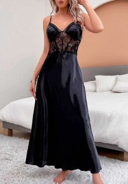 Black Satin Maxi Nightgown with Lace Bodice Insert