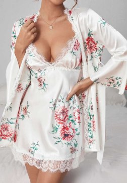 Elegant White Floral Lingerie Set with Bell Sleeves