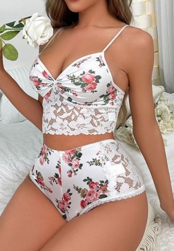 Floral Satin Lingerie Set with Lace Insert Camisole and High-Waist Briefs