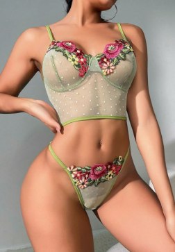 Green Sheer Mesh Bralette & Thong Set with Floral Embroidery