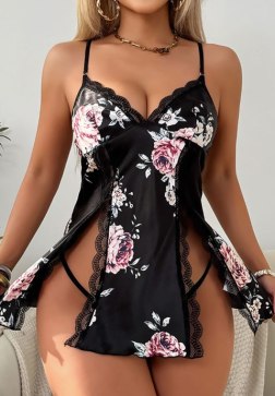 Black Satin Floral Babydoll with Lace Trim and Side Slits