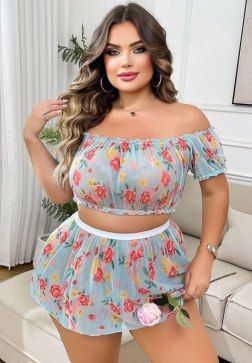 Plus Size Floral Off-Shoulder Sheer Pajama Set