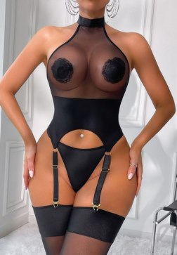 Black Sheer Halter Chemises with Garter Belt Set