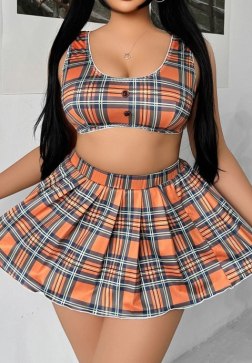 Orange Plaid Crop Top & Mini Skirt Set