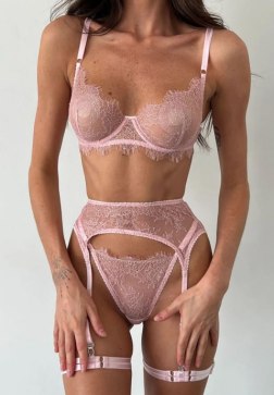 Sheer Floral Lace Lingerie Three-Piece Ensemble