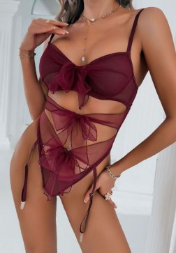 Burgundy Sheer Mesh Bodysuit with Front Bows and Garters