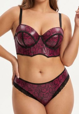 Plus Size Snake Print Lingerie Set – Burgundy Faux Leather Bustier & Lace Trim Panty 2 Piece