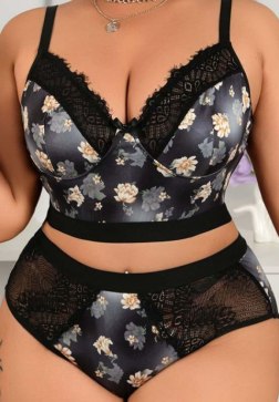 Women’s Plus Size Floral Print Bra and Panty Set – Sexy V-Neck Lace Lingerie with High Waisted Briefs