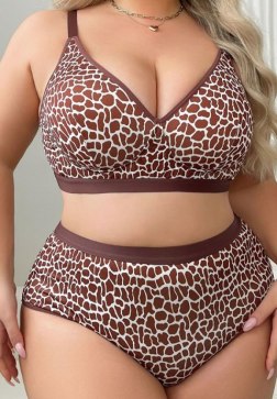 Women’s Plus Size Brown Animal Print Bra and Brief Set – Soft Stretch High Waisted Lingerie for Curvy Women
