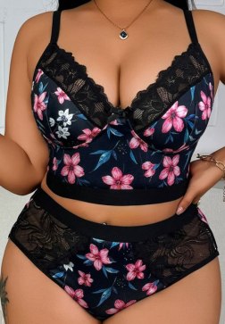 Plus Size Pink Floral Lingerie Set – Black Lace Trim Bralette & High Waist Panty 2 Piece Sleepwear