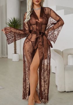 Elegant Long Lace Robe with Flared Sleeves & Deep V-Neck – Stylish Loungewear for Women