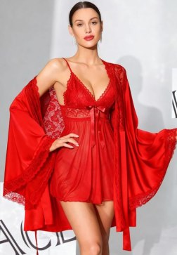 Alluring Women’s Lingerie Set: See-Through Babydoll Dress + Wide-Sleeve Satin Robe with Lace Edges