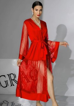Long Red Satin Sleepwear Robe with Sheer Polka Dot Mesh Panels & Flowing Bell Sleeves – Ideal for Spa, Bridesmaids, or Nightwear