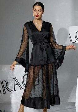 Elegant Long Sleeve Satin Robe with Intricate Polka Dot Mesh Detailing & Open Front Design for Home Relaxation & Special Occasions