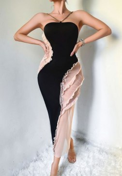 Women's Color Block Chiffon Ruffle Slip Dress Chain Strap Sheer Mesh Panel Maxi Nightgown Lingerie