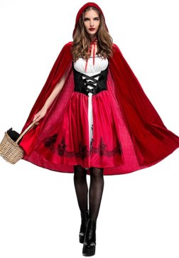 Women's Classic Red Riding Hood Costume - Black & Red Dirndl Dress with Attached Hooded Cape for Halloween Fairy Tales