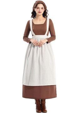 Women's Colonial Pioneer Costume - Brown Long Sleeve Dress with White Pinafore Apron and Headwrap