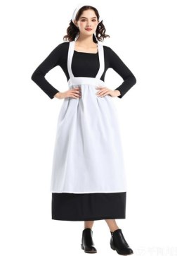 Women's Classic Amish Farmgirl Costume - Black Long Sleeve Dress, White Apron & Headband for Halloween Roleplay