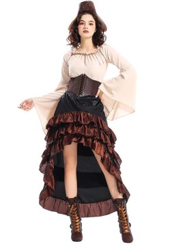 Women's Steampunk Pirate Costume Set - Bell Sleeve Blouse, Ruffled High-Low Skirt, Lace-Up Corset & Hat for Halloween