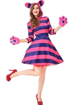 Women's Sexy Cheshire Cat Costume - Pink & Purple Striped Hooded Dress with Paws Gloves for Halloween Cosplay