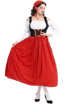 Women's Medieval Village Girl Fancy Dress - Red & Black Folk Gown with Off-Shoulder Sleeves and Headpiece