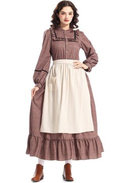 Women's Vintage Prairie Pioneer Costume - Floral Long Sleeve Maxi Dress with Beige Apron