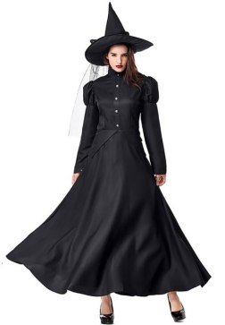 Women's Classic Gothic Witch Costume - Black Long Sleeve High Neck Dress with Pointed Hat for Halloween