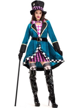 Women's Circus Ringmaster Costume Set with Velvet Coat, Top Hat, Bow Tie, Belt and Gloves