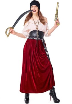 Women's Wench Pirate Halloween Costume with Off Shoulder Top, Red Velvet Skirt, and Headscarf