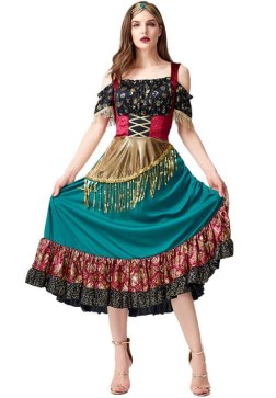 Women's Medieval Renaissance Boho Gypsy Costume Dress with Headpiece