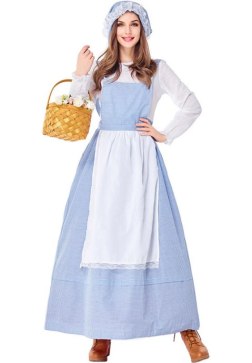 Women's Colonial Prairie Dress Costume Set with Apron and Lace Bonnet