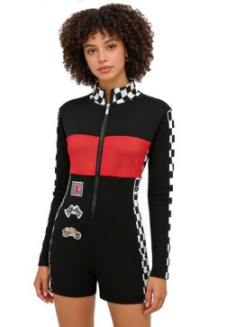 Women's Racing Flag Long Sleeve Bodysuit Color Block Half Zip One Piece Romper
