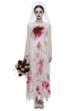 Women's Zombie Bride Costume Long Sleeve Lace Bloody Wedding Dress with Halo Veil