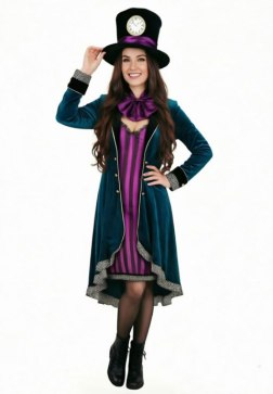 Women's Mad Hatter Cosplay Costume 4-Piece Set (Top Hat, Bow Tie, Velvet Jacket & Striped Dress)