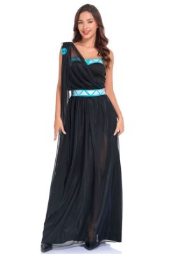 Adult Halloween Costume Blue Geometric Pattern Black Strapless Maxi Dress for Egyptian Theme Parties
