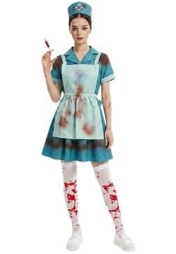 Women's Zombie Nurse Costume with Blue Apron, Dress, and Matching Nurse Headband for Halloween